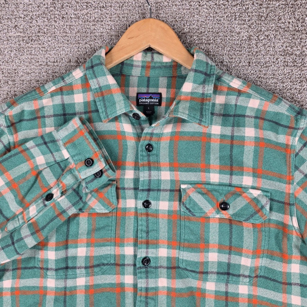 Patagonia Mens Organic Cotton Fjord Flannel Shirt Large Green Orange Plaid L